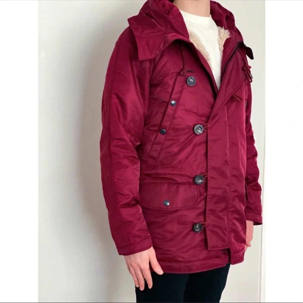 NEW True Religion Parka Fur Sherpa Zip Button Winter Jacket Hooded Coat Maroon - Picture 7 of 12